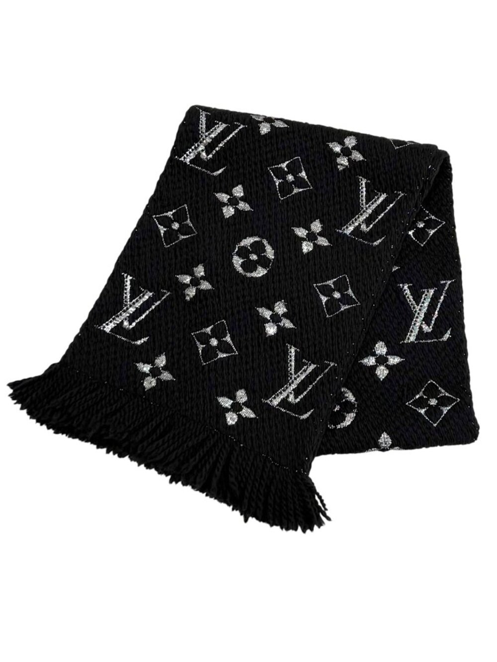 Louis Vuitton Logomania Scarf Shine Wool Silk Blend Black Silver